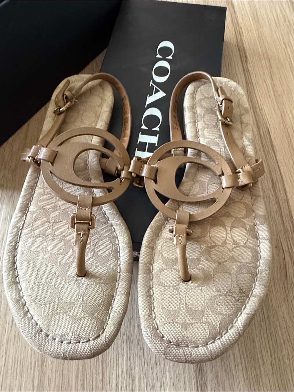 COACH Beige Logo Thong Sandals with Signature Monogram Insole